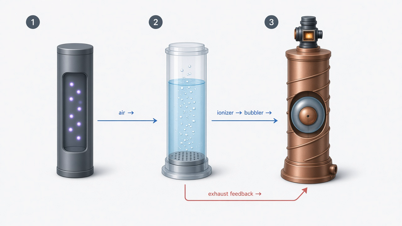 Inventor-model teaching sketch: air ionizer with violet interior cue, water-column bubbler with rising cavitation bubbles, and copper-toned resonator showing nested spheres with exhaust feedback